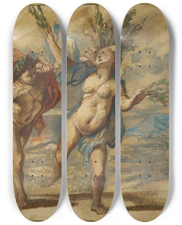 Triptych art skateboard deck of Jan Boeckhorst Apollo And Daphne by Jan Boeckhorst (1599-1668)