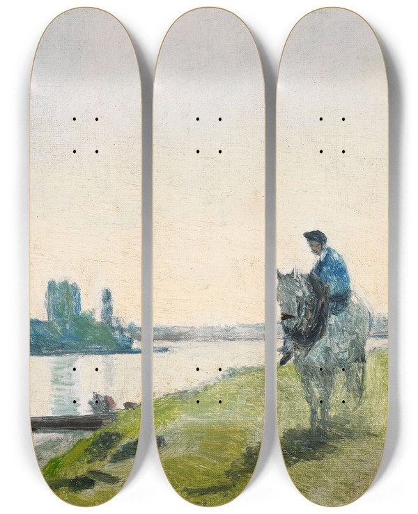 Triptych art skateboard deck of Jeanbaptistecamille Corot Haleur De Bateau Sur Son Cheval by Jean-Baptiste-Camille Corot (1796-1875)