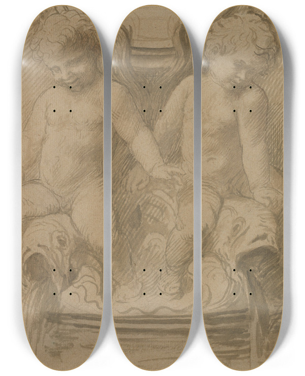Triptych art skateboard deck of Alphonse Legros Fountain With Putti Riding Dolphins by Alphonse Legros (1837-1911)