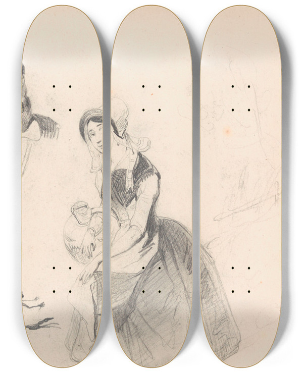 Triptych art skateboard deck of Nicaise De Keyser Figure Studies And Caricatures by Nicaise De Keyser (1813-1887)