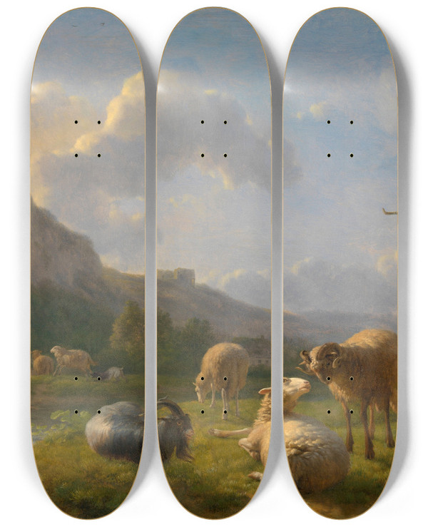 Triptych art skateboard deck of Balthasar Paul Ommeganck Landscape With Goats And Sheep by Balthasar Paul Ommeganck (1755-1826)