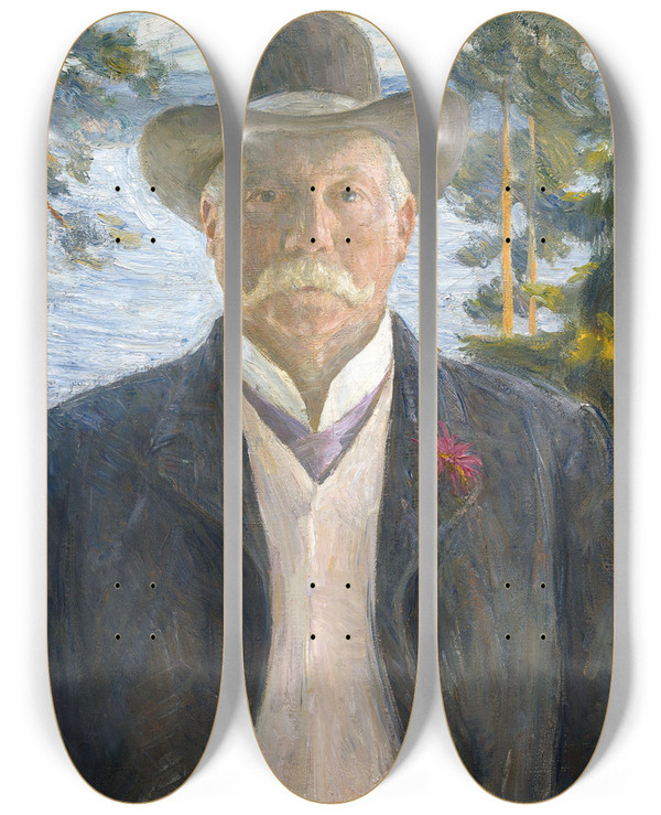 Triptych art skateboard deck of Erik Werenskiold Portrait Of The Composer Thorvald Lammers by Erik Werenskiold (1855-1938)