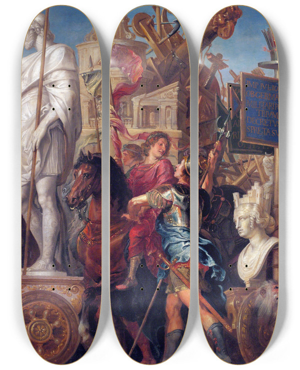 Triptych art skateboard deck of Peter Paul Rubens Caesars Triumph by Peter Paul Rubens (1577-1640)