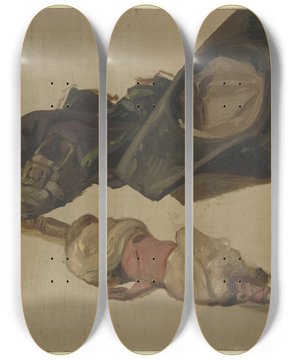 Triptych art skateboard deck of Jakob Becker Hat Shoes And Spindle by Jakob Becker (1810-1872)