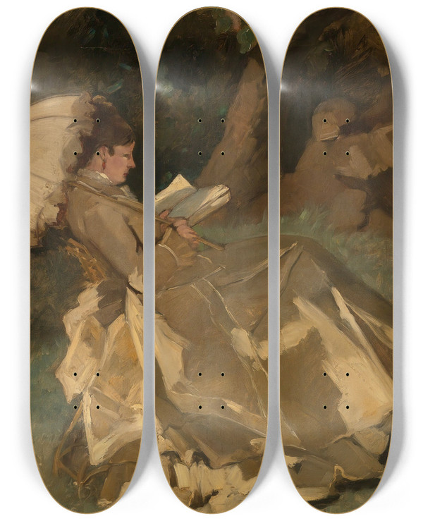 Triptych art skateboard deck of French School Woman Holding An Umbrella by French School (16-19-)
