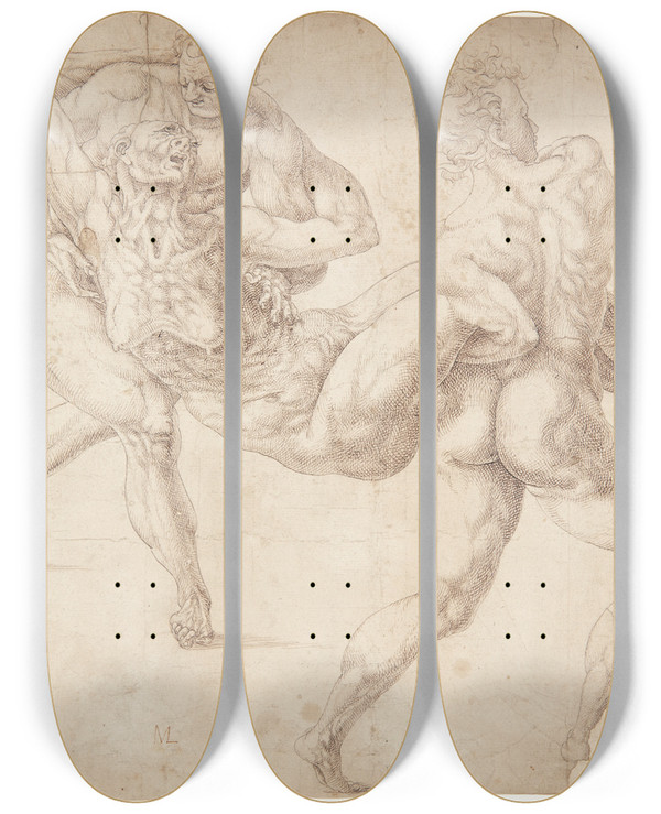 Triptych art skateboard deck of Melchior Lorck To Mnd Brende P En Gammel Kvinde by Melchior Lorck (1526-1583)