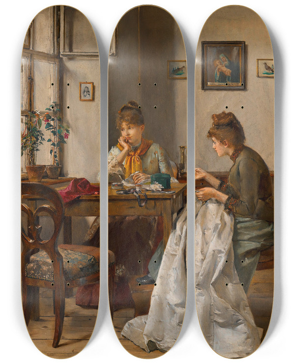 Triptych art skateboard deck of Josef Gisela Die Nherin by Josef Gisela (1851-1899)