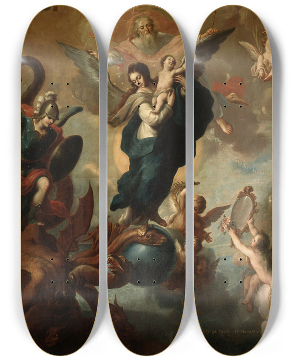 Triptych art skateboard deck of Miguel Cabrera The Virgin Of The Apocalypse by Miguel Cabrera (1695-1768)