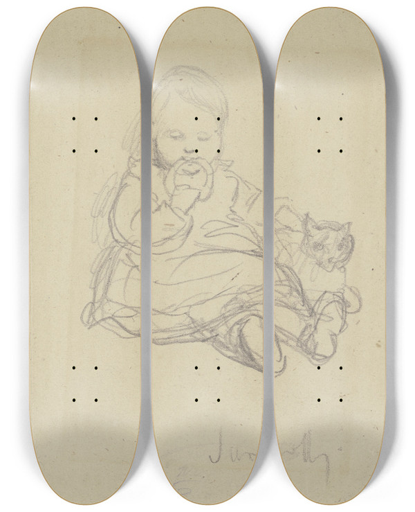 Triptych art skateboard deck of Wilhelm Amandus Beer Sitzendes Kind Mit Spielzeug Und Katze by Wilhelm Amandus Beer (1837-1907)