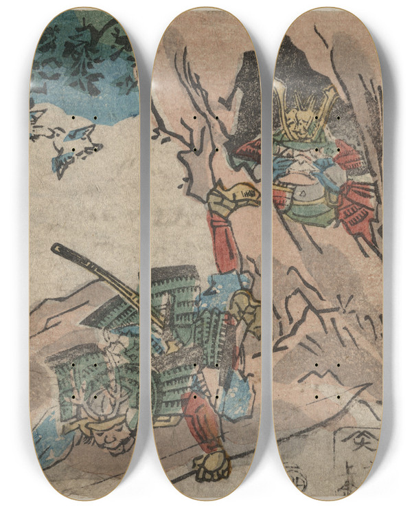 Triptych art skateboard deck of Utagawa Kuniyoshi Ishibashi Yama by Utagawa Kuniyoshi (1797-1861)