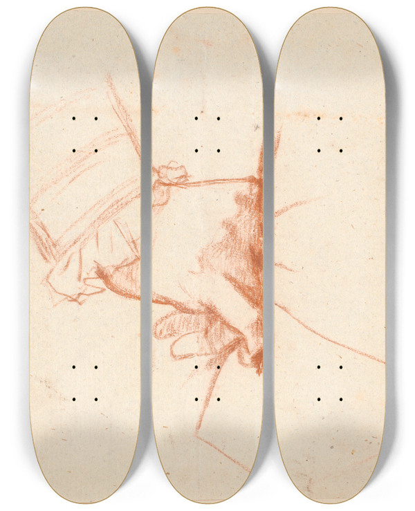 Triptych art skateboard deck of Jens Juel En Mands Hjre Hnd Sat I Siden by Jens Juel (1745-1802)