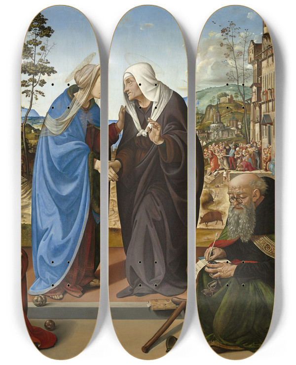 Triptych art skateboard deck of Piero Di Cosimo The Visitation With Saint Nicholas And Saint Anthony Abbot by Piero di Cosimo (1462-1521)