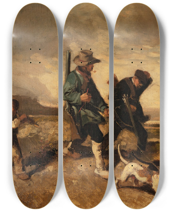 Triptych art skateboard deck of Alexandregabriel Decamps Return From The Hunt by Alexandre-Gabriel Decamps (1803-1860)