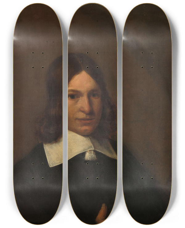 Triptych art skateboard deck of Pieter De Hooch Self Portrait by Pieter De Hooch (1629-1684)