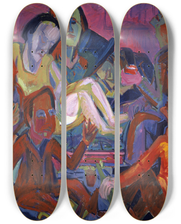 Triptych art skateboard deck of Hermann Scherer Party In The Studio by Hermann Scherer (1893-1927)