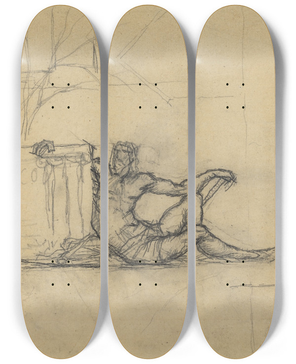 Triptych art skateboard deck of Charles Meryon Seated Male Figure For San Francisco by Charles Meryon (1821-1868)