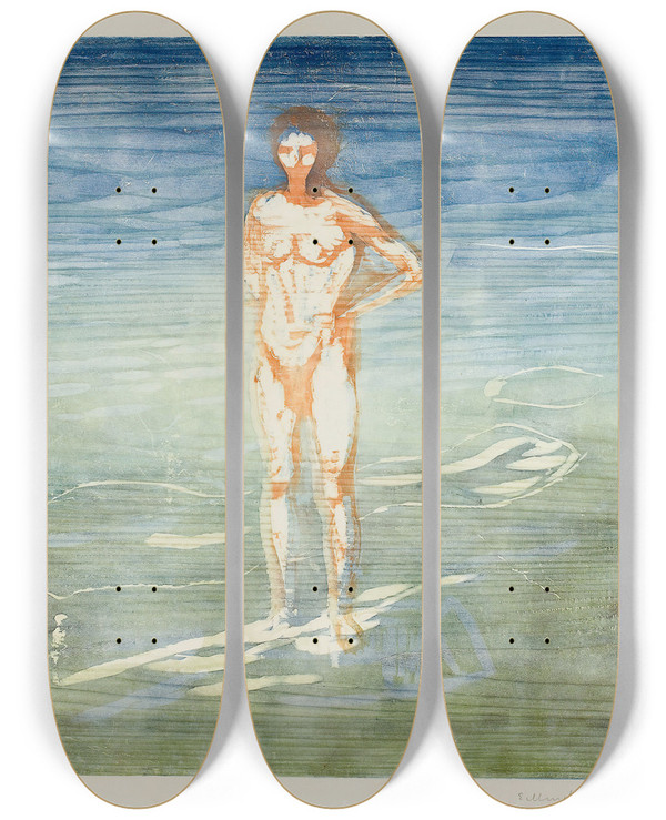 Triptych art skateboard deck of Edvard Munch Man Bathing by Edvard Munch (1863-1944)