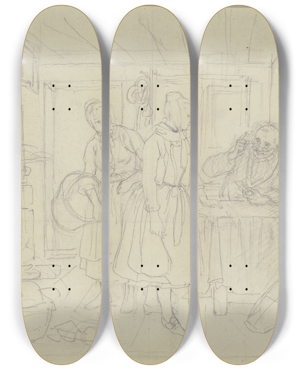 Triptych art skateboard deck of Jakob Becker Farmhouse Parlour by Jakob Becker (1810-1872)
