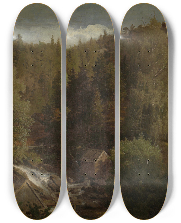Triptych art skateboard deck of Hans Gude Landscape With A Mill_2 by Hans Gude (1825-1903)