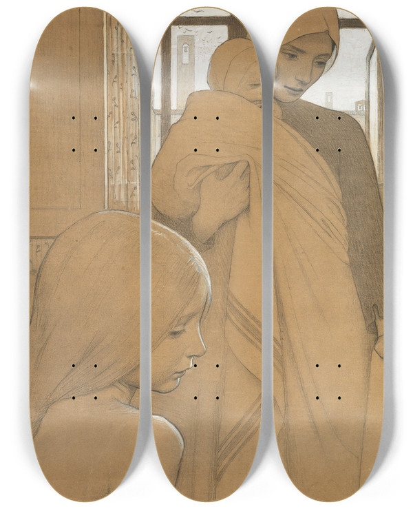 Triptych art skateboard deck of Frederick Cayley Robinson Study For Twilight by Frederick Cayley Robinson (1862-1927)