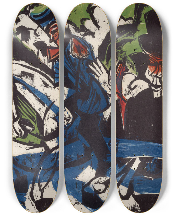 Triptych art skateboard deck of Ernst Ludwig Kirchner Begegnung Schlemihls Mit Dem Grauen Mnnlein Auf Der Landstrasse by Ernst Ludwig Kirchner (1880-1938)