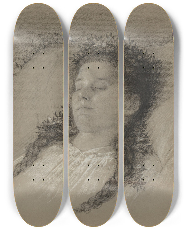 Triptych art skateboard deck of Eduard Julius Friedrich Bendemann A Girl On Her Deathbed With A Crown Of Flowers by Eduard Julius Friedrich Bendemann (1811-1889)