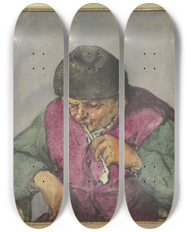 Triptych art skateboard deck of Adriaen Van Ostade Halbfigur Eines Sitzenden Bauerns Mit Pfeife by Adriaen Van Ostade (1610-1684)