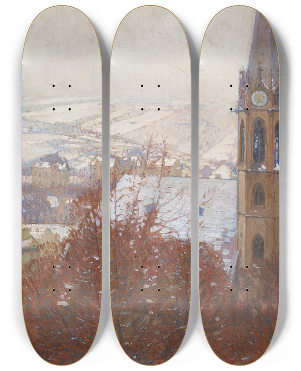 Triptych art skateboard deck of Carl Moll Heiligenstadt Im Schnee by Carl Moll (1861-1945)