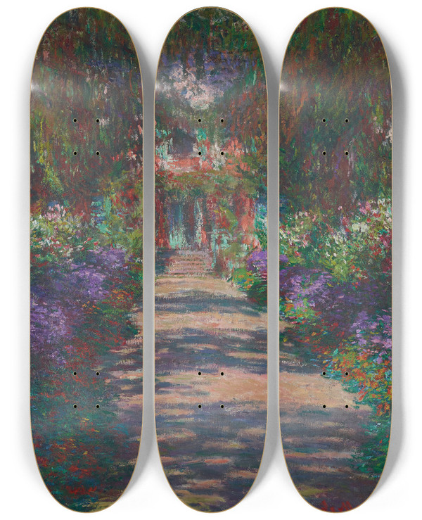 Triptych art skateboard deck of Claude Monet Eine Allee In Monets Garten In Giverny by Claude Monet (1840-1926)