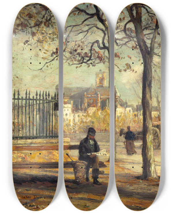 Triptych art skateboard deck of Paul Schaan Le Quai De Lhteldeville Vu De Lile De La Cit by Paul Schaan (1857-1924)