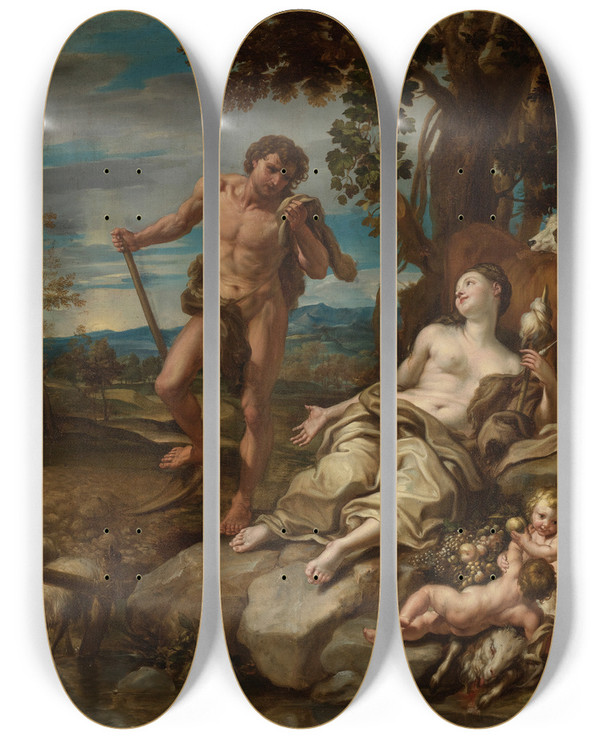 Triptych art skateboard deck of Lorenzo De Ferrari Adam And Eve With The Infants Cain And Abel by Lorenzo De Ferrari (1680-1744)