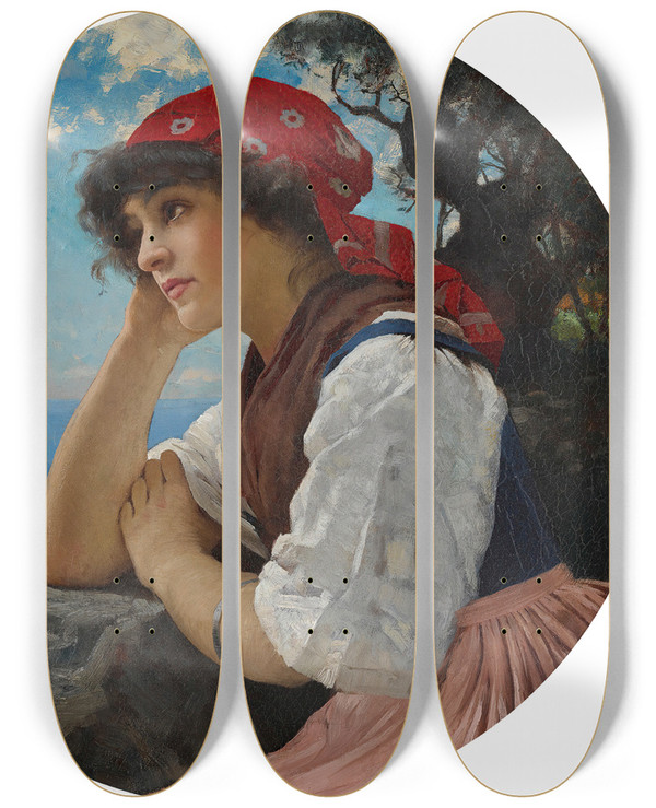 Triptych art skateboard deck of Charles Sprague Pearce The Red Kerchief by Charles Sprague Pearce (1851-1914)