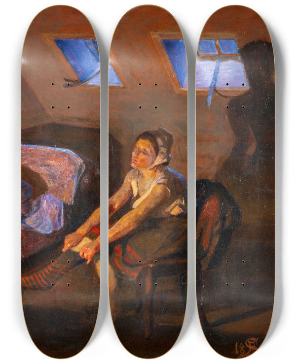 Triptych art skateboard deck of Fritz Syberg Morning by Fritz Syberg (1862-1939)