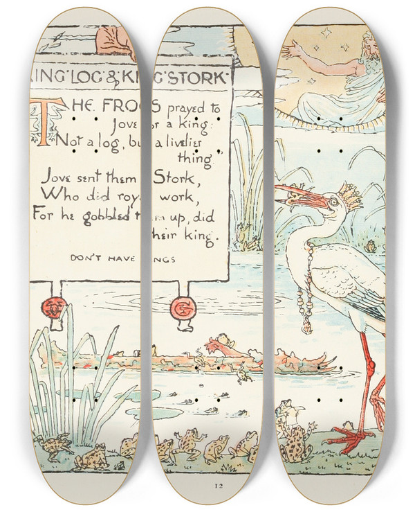 Triptych art skateboard deck of Walter Crane King Log And King Stork by Walter Crane (1845-1915)