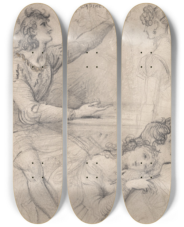 Triptych art skateboard deck of Theodor Von Holst Theatrical Studies by Theodor Von Holst (1810-1844)