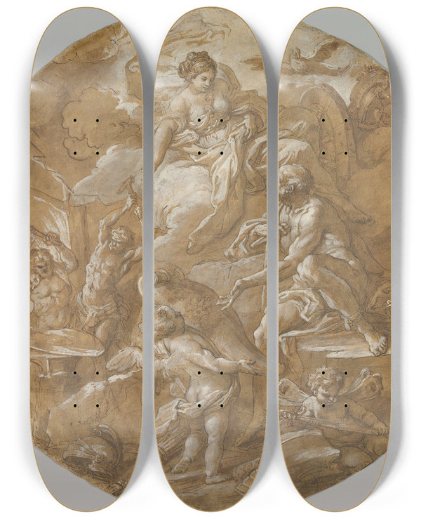 Triptych art skateboard deck of Sebastiano Conca Venus At The Forge Of Vulcan by Sebastiano Conca (1676-1764)