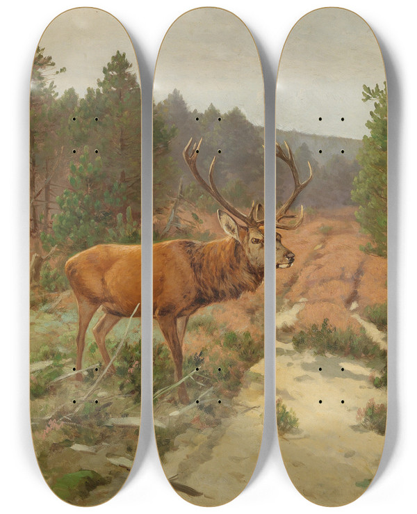 Triptych art skateboard deck of Christoffer Drathmann Ein Hirsch Auf Der Waldlichtung by Christoffer Drathmann (1856-1932)