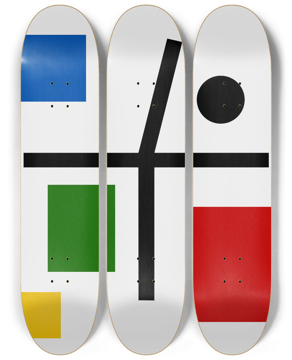 Triptych art skateboard deck of Myriam Thyes Composition With Broken Cross by Myriam Thyes (1963)