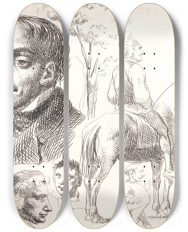 Triptych art skateboard deck of Wilhelm Marstrand Prveblad I Stylografi Med Portrthoveder Bonde Til Hest Mm by Wilhelm Marstrand (1810-1873)
