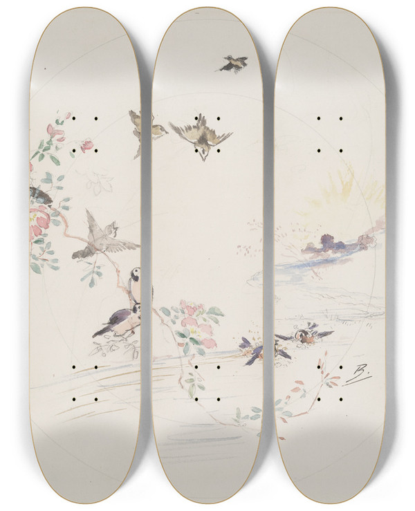 Triptych art skateboard deck of Flix Bracquemond Soleil Levant by Felix Bracquemond (1833-1914)