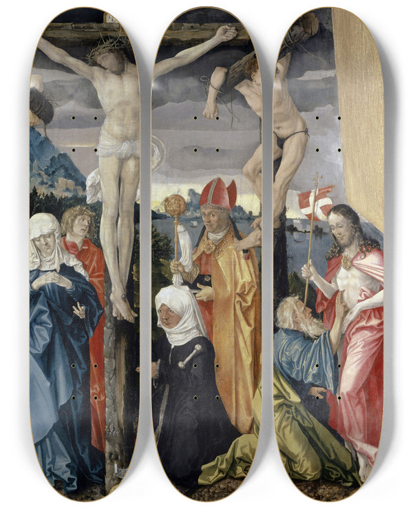 Triptych art skateboard deck of Hans Baldung Christ Crucified With The Thieves Saints And A Female Donor by Hans Baldung (1484-1545)