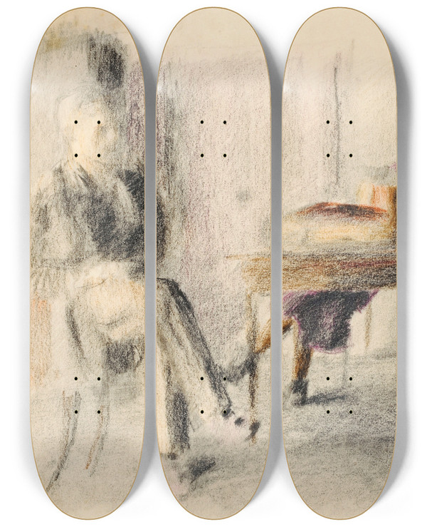 Triptych art skateboard deck of Otto Meyeramden Mann Und Frau Am Tisch In Amdener Stube by Otto Meyer-Amden (1885-1933)