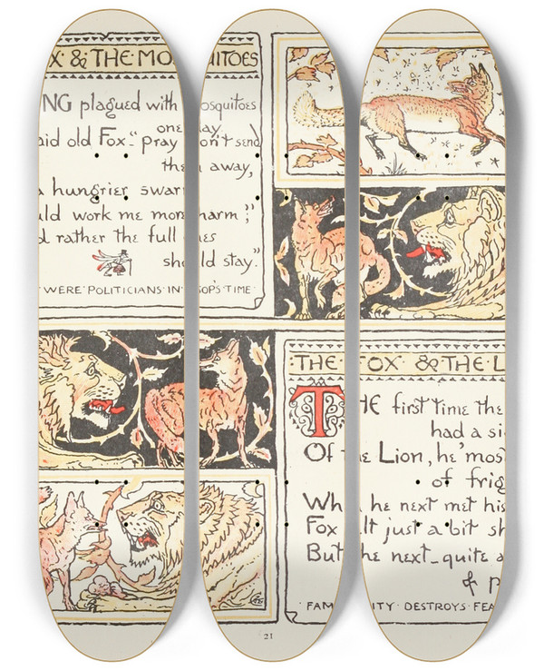 Triptych art skateboard deck of Walter Crane The Fox And The Mosquitoes The Fox And The Lion by Walter Crane (1845-1915)