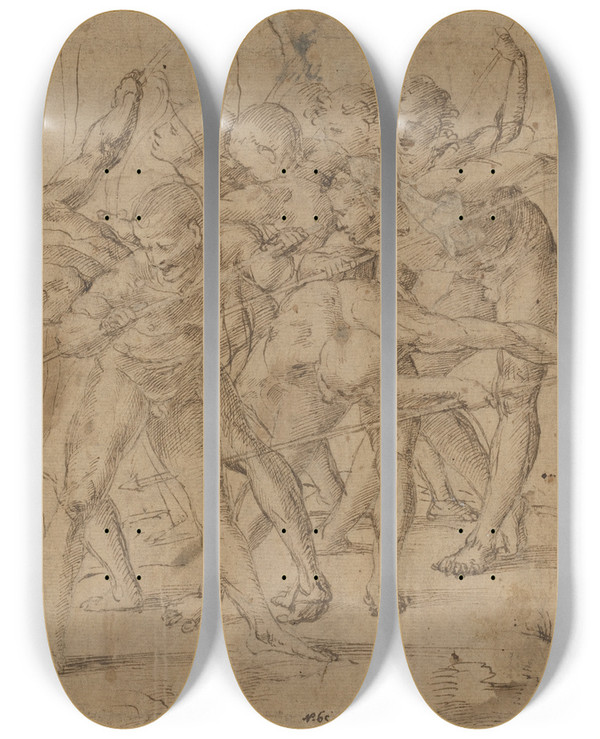 Triptych art skateboard deck of Girolamo Genga Battle Scene_2 by Girolamo Genga (1476-1551)