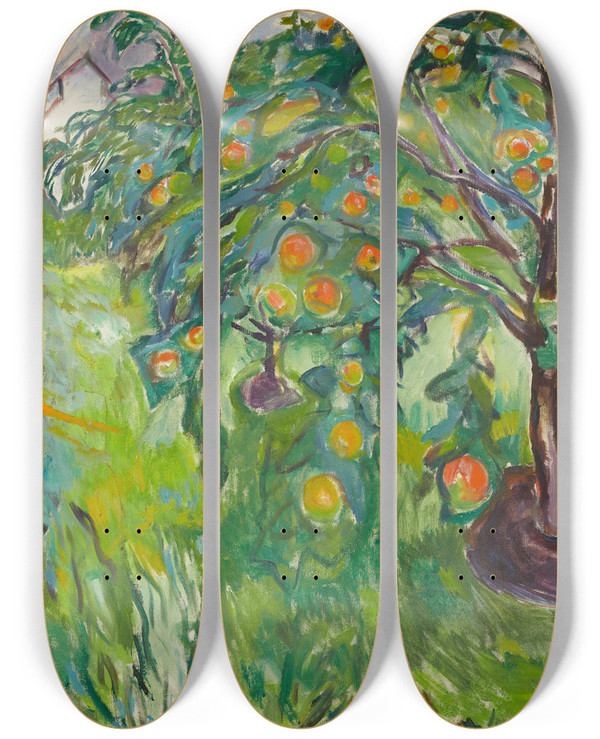 Triptych art skateboard deck of Edvard Munch Apple Tree By The Studio by Edvard Munch (1863-1944)