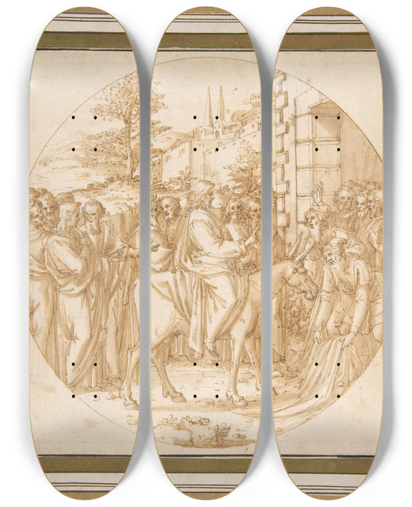 Triptych art skateboard deck of Ercole Setti The Entrance Of Christ Into Jerusalem by Ercole Setti (1530-1618)