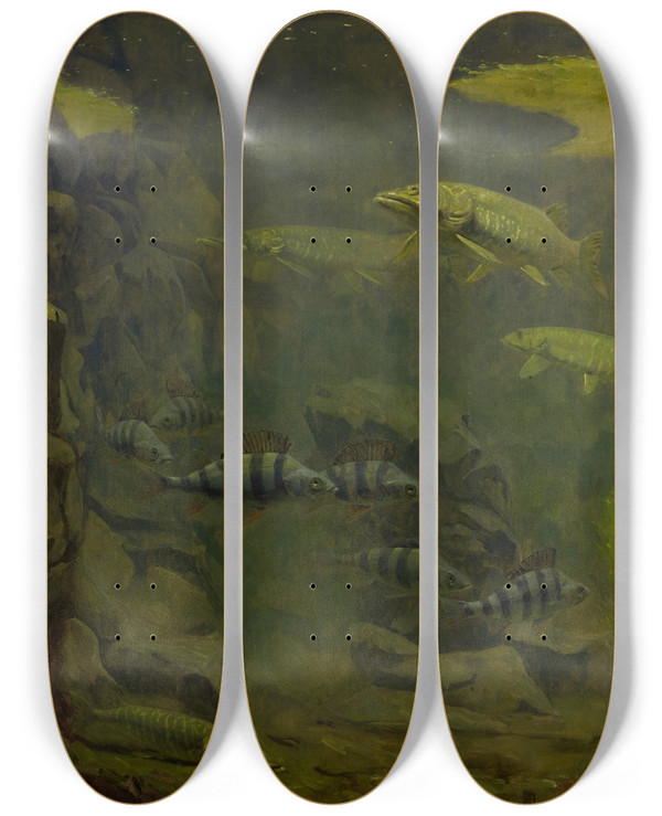 Triptych art skateboard deck of Gerrit Willem Dijsselhof Pike And Perch In An Aquaruim by Gerrit Willem Dijsselhof (1866-1924)
