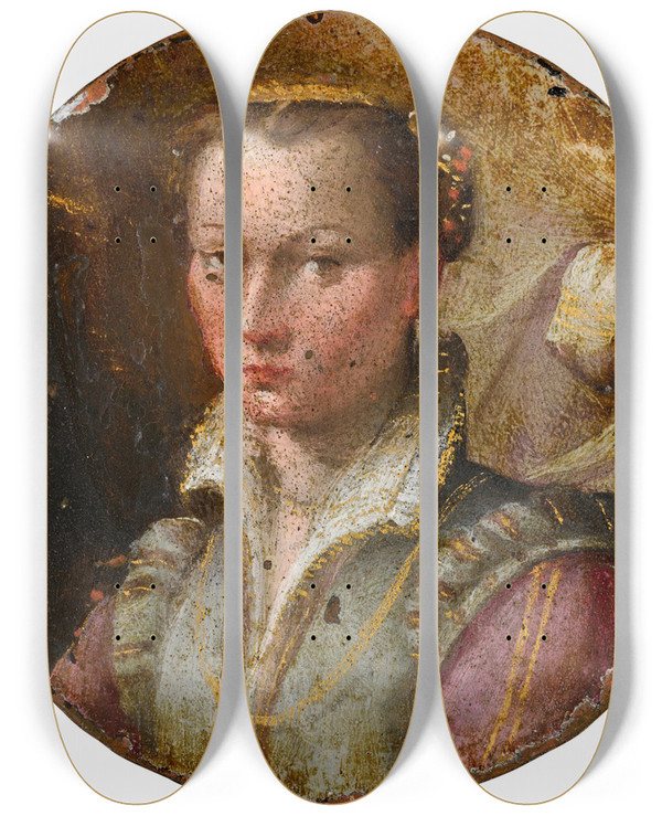 Triptych art skateboard deck of Lavinia Fontana Portrait Of A Young Woman Bustlength In A Green Dress With Pink Sleeves by Lavinia Fontana (1552-1614)