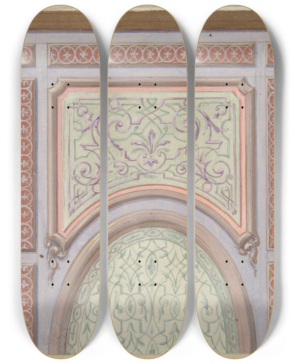 Triptych art skateboard deck of Julesedmondcharles Lachaise Partial Design For The Decoration Of A Ceiling With An Oval Panel At Center by Jules-Edmond-Charles Lachaise (1897)