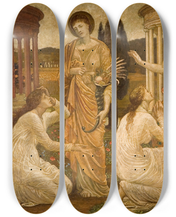Triptych art skateboard deck of Sir Edward Coley Burnejones Psyche At The Shrines Of Juno And Ceres by Sir Edward Coley Burne-Jones (1833-1898)